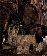 Egon Schiele Mauer und Haus vor hugligem Gelande mit Zaun oil painting